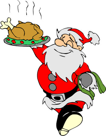 cartoon of happy smiling Santa Claus standing holding a roasted turkey with vegetables on a platter.のイラスト素材