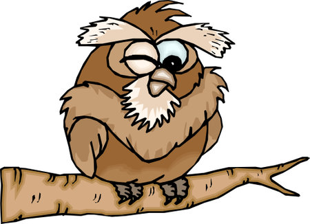 funny Owl on a branch comic hand-drawn animal cartoon character vector illustration.のイラスト素材