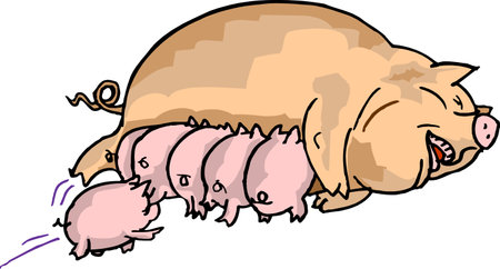 funny pink pig comic hand-drawn animal cartoon character vector illustration.のイラスト素材