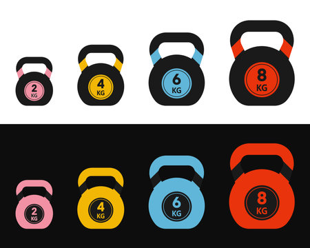 Kettlebell weights icons set, Fitness Kettlebell vector with different weights 2kg, 4kg, 6kg, 8kgのイラスト素材