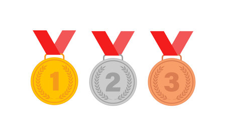 Victory Award Medals with red ribbon Gold, silver and bronze for sports apps and websitesのイラスト素材
