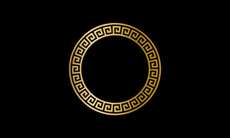Traditional simple meander. Golden circle frame on the dark background. Ancient Greek ornament. Vectorのイラスト素材