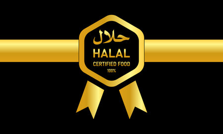 gold halal food label with flat design, badge muslim approved product stickerのイラスト素材