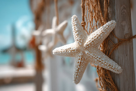 Starfish hanging on a rope on a background of blue sea.の素材