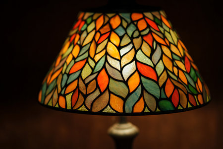 Colorful stained glass lamp on dark background. Selective focus.の素材