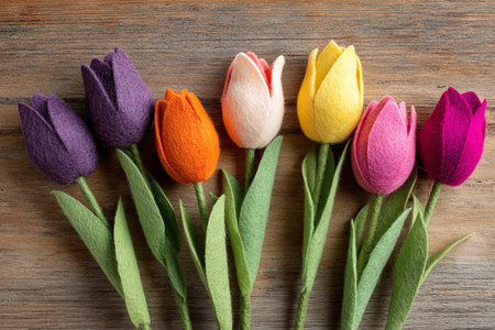Colorful tulips on wooden background, top view. Floral backgroundの素材