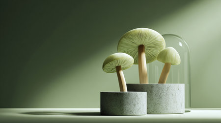 Mushrooms in a glass dome on a green background. 3d renderの素材