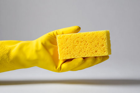 Hand in a yellow rubber glove holding a sponge on a gray backgroundの素材
