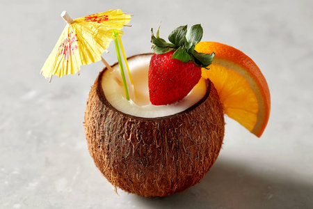 Coconut cocktail with orange and strawberry on grey background, closeupの素材