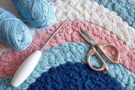 Yarn, scissors and knitting needles on a background of knitted fabricの素材