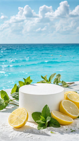 Lemon and mint on white sand at the beach with sea viewの素材