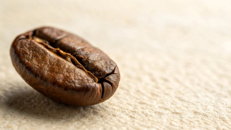 A macro shot of a single roasted coffee bean positioned against a textured cream colored background highlights the intricate details and rich brown tones of the bean The shallow depth of field emphasizes the beans texture and subtle variations in color creating a visually appealing image perfect for illustrating coffee culture and the art of coffee making The composition draws attention to the beans shape highlighting the crease and the subtle imperfections that make each bean unique The background is intentionally blurred providing a neutral canvas that allows the coffee bean to stand out as the main focal point making it an ideal image for coffee related businesses or personal projects related to coffee drinking or preparationの写真素材