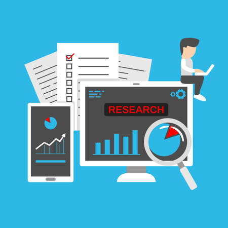 Business startup company research observation and development with statistic and resource people illustrationのイラスト素材