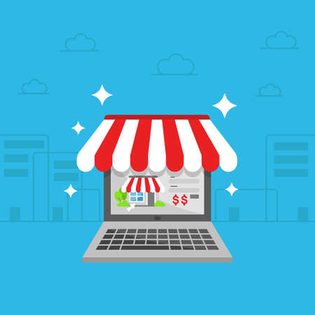 Online shop store on laptop or personal computer PC flat illustration with modern city backgroundのイラスト素材