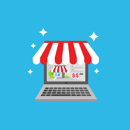 Online shop store on laptop or personal computer PC flat illustrationのイラスト素材