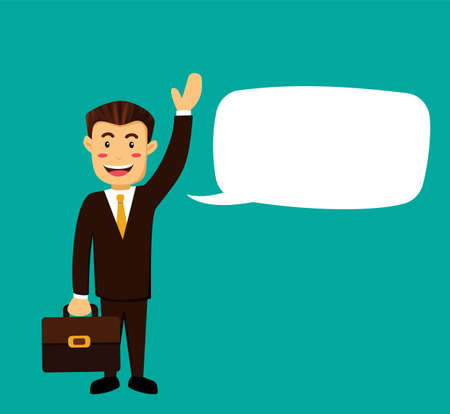 Humble Smile businessman or manager or employee or leader wears brown suit and cary briefcase waving hand say halloのイラスト素材
