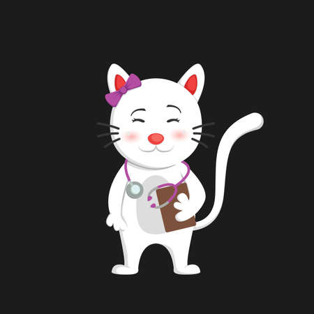 cute white smiling female doctor cat character vector illustrationのイラスト素材