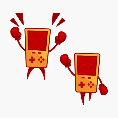 Red funy retro gaming gamer device console mascot character boxer with boxing glove raising winner hand set illustration logoのイラスト素材