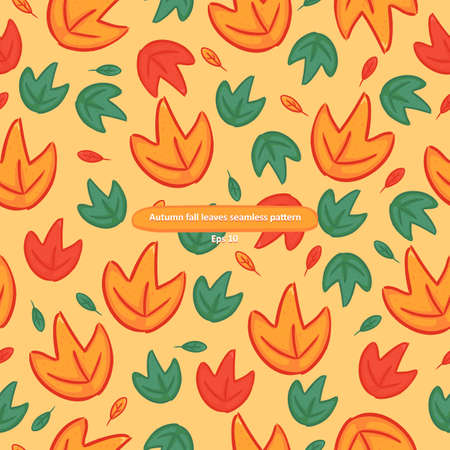 Cartoony autumn fall orange and green leaves foliage seamless patternのイラスト素材