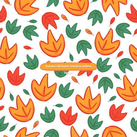 Cartoony autumn fall orange and green leaves foliage seamless pattern on white backgroundのイラスト素材