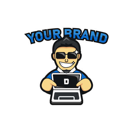 Computer laptop shop store logo icon mascot. Cool man with laptop character logo illustrationのイラスト素材