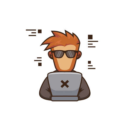 Monkey ape coder logo mascot. Monkey programmer in front of laptop writing code character illustrationのイラスト素材