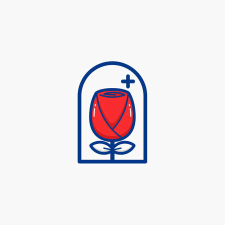 Tulip flower logo symbol badge with plus icon in window frameのイラスト素材