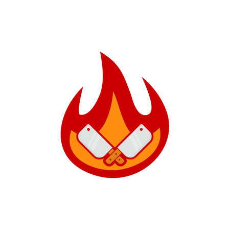 Hell fire kitchen logo. Kitchen meat knife crossed symbol with big flame illustrationのイラスト素材
