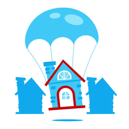 Moving house with parachute from sky into middle of neighborhood cartoon vector illustrationのイラスト素材