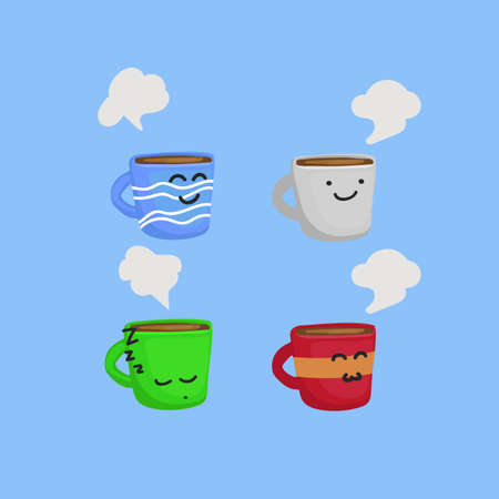 Happy funny coffee mug vector character illustration setのイラスト素材