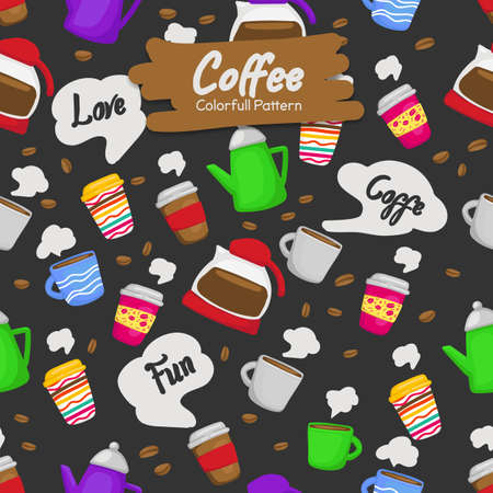 colorful funny doodle coffee cup drink background seamless patternのイラスト素材
