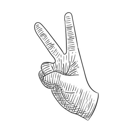 Hand peace sign with two finger up hand drawing doodle hatching vintage illustration icon symbolのイラスト素材