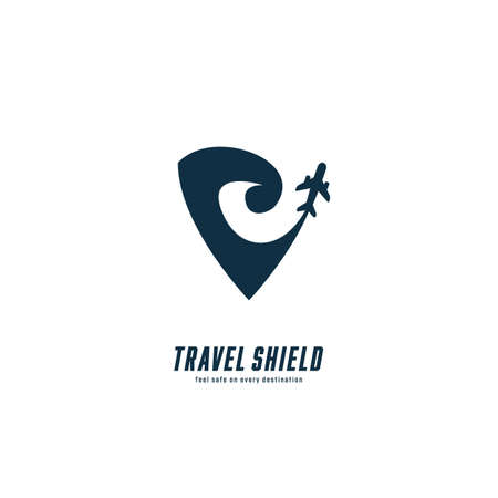 Travel shield protection agency logo icon with plane and shield silhouette symbol of safetyのイラスト素材
