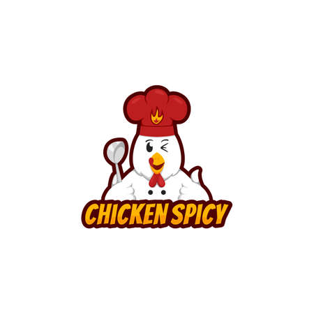Chicken Spicy logo mascot with funny chicken character holding ladle and wears chef hat in cartoon styleのイラスト素材