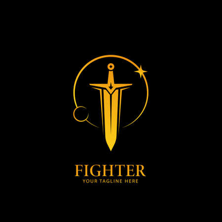 Moon and Stars light sword logo, warrior fighter logo icon symbol in golden color with black backgroundのイラスト素材