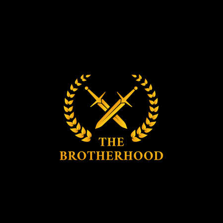 The warrior knight sword fighter brotherhood logo icon symbol with crossed sword and laurel wreath in gold color illustrationのイラスト素材