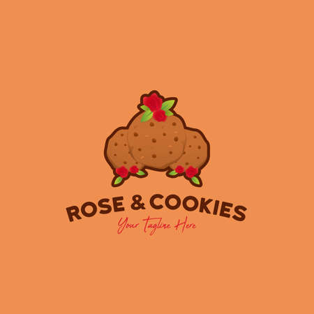 Rose and cookies logo icon illustration of delicious three cookies with fresh red rose flowerのイラスト素材
