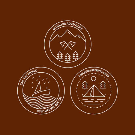 Mountaineering club and outdoor adventure monochrome monoline badge setのイラスト素材