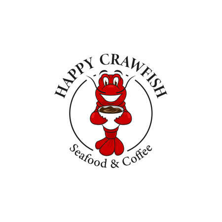Happy crawfish with coffee logo mascot, red crawfish lobster illustration smiles hold cup, seafood and coffee logoのイラスト素材