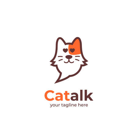 pet cat talk logo, yellow head cat in bubble speak talk shape with love amour eyes logo icon illustrationのイラスト素材