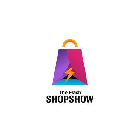 Flash sale shop show logo, symbol icon logo design for instant quick shop or show in shopping bag shape with curtainsのイラスト素材