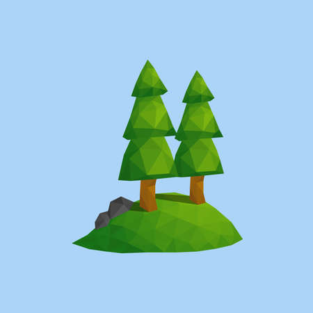 Pine tree and stone on green hill forest. Outdoor nature scene landscape in vector low poly illustrationのイラスト素材