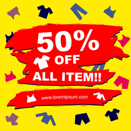 Fashion sale poster template with pop color clothes icon and brush stroke background