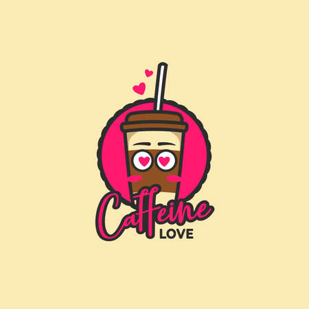 Caffeine love coffee shop cafe logo with carton cup mascot funny cute character pink colorのイラスト素材