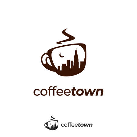 Coffee town logo with town city skyscraper silhouette inside mug icon symbol illustrationのイラスト素材