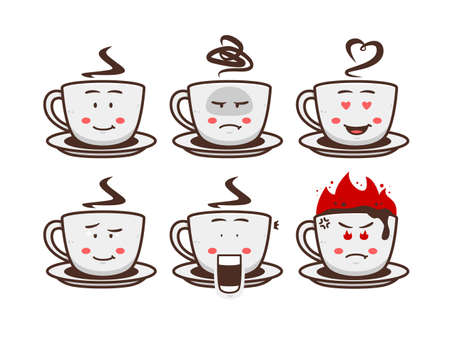 Coffee chocolate hot drink mug cup cartoon character mascot illustration set emoji with face expressionのイラスト素材