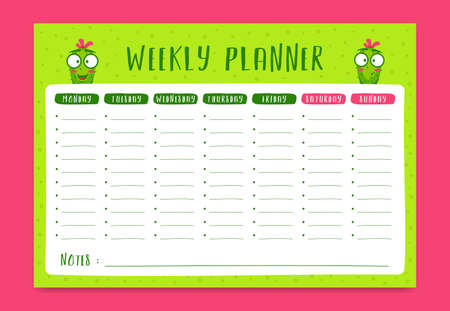 Weekly schedule planner in fun style with cactus cartoon character, planner monday to sunday with notesのイラスト素材