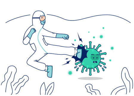 Vector illustration fight covid corona virus, Doctor with hazmat protective suit flying kick fight virus conceptのイラスト素材