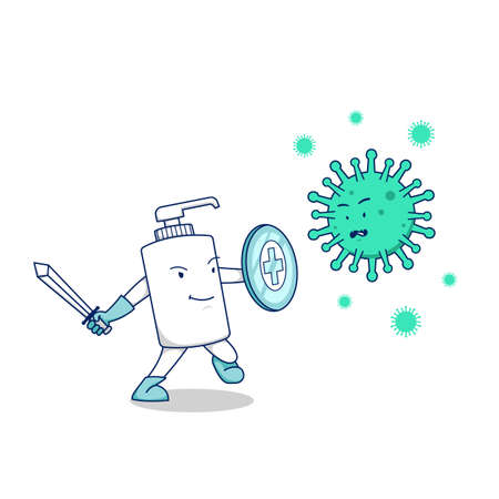 hand sanitizer soap bottle fight covid corona virus bacteria vector concept illustration with sword and shield, fight against covid-19 virus pandemic with soapのイラスト素材