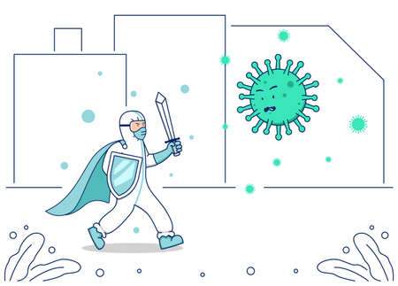 Vector illustration covid corona virus fight, doctor hazmat suit with warrior sword and shield fight coronavirus illustration conceptのイラスト素材